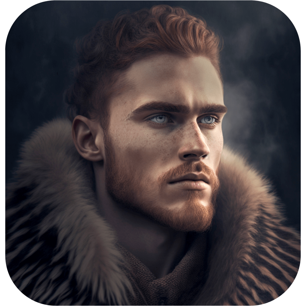 Portrait of Andor, in his 20s, with auburn hair swept back, a short beard, light gray eyes, high cheekbones, and a thick fur cloak