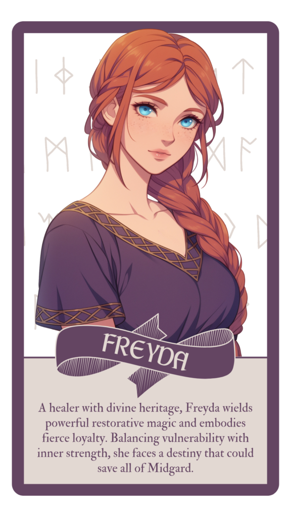 Anime style portrait of Freyda with red hair in a braid, blue eyes, and purple dress