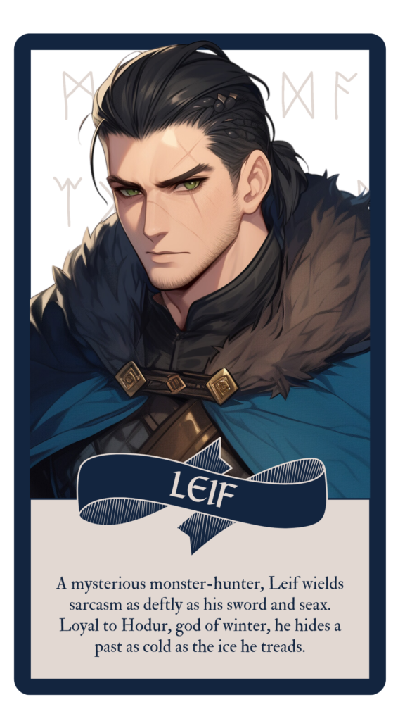 Anime style portrait of Leif with blue fur-trimmed cloak, dark hair