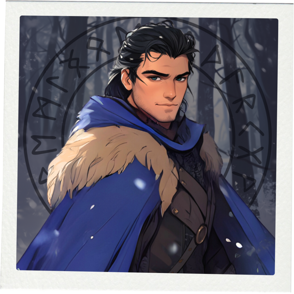 Portrait of Leif, dark hair, blue fur-trimmed cloak, Norse rune border