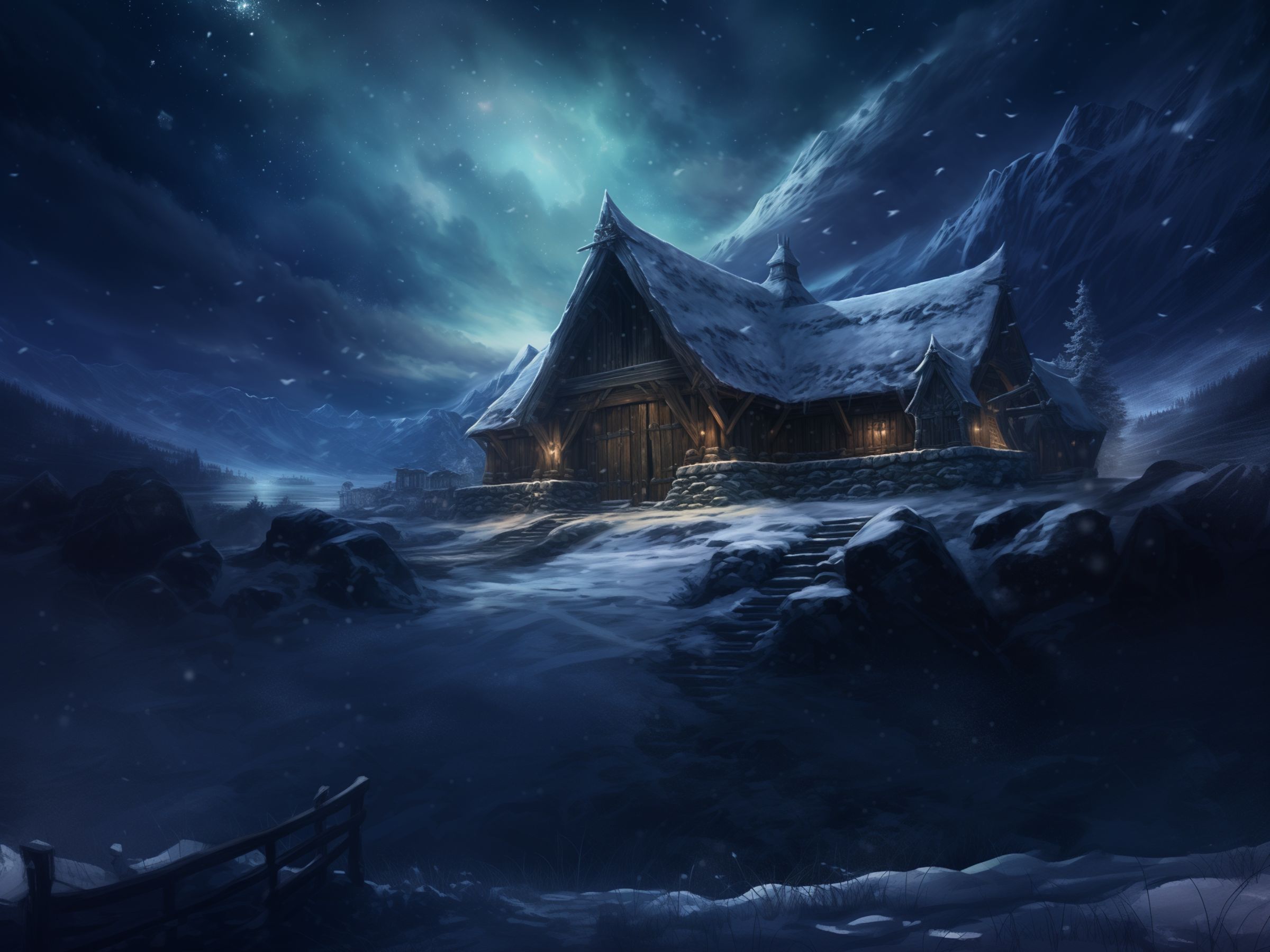 Image of a longhouse perched on a snowy ridge at night