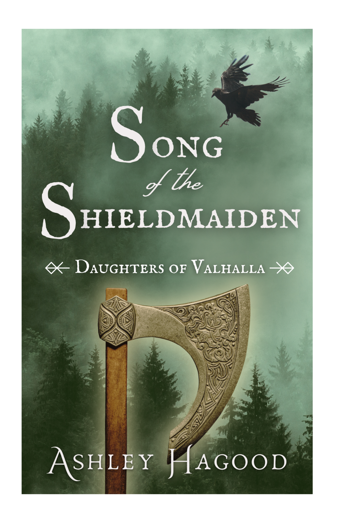 Song of the Shieldmaiden book cover with glowing golden axe and raven against a foggy forest