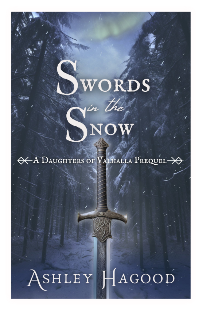 Swords in the Snow book cover with glowing sword against a dark forest