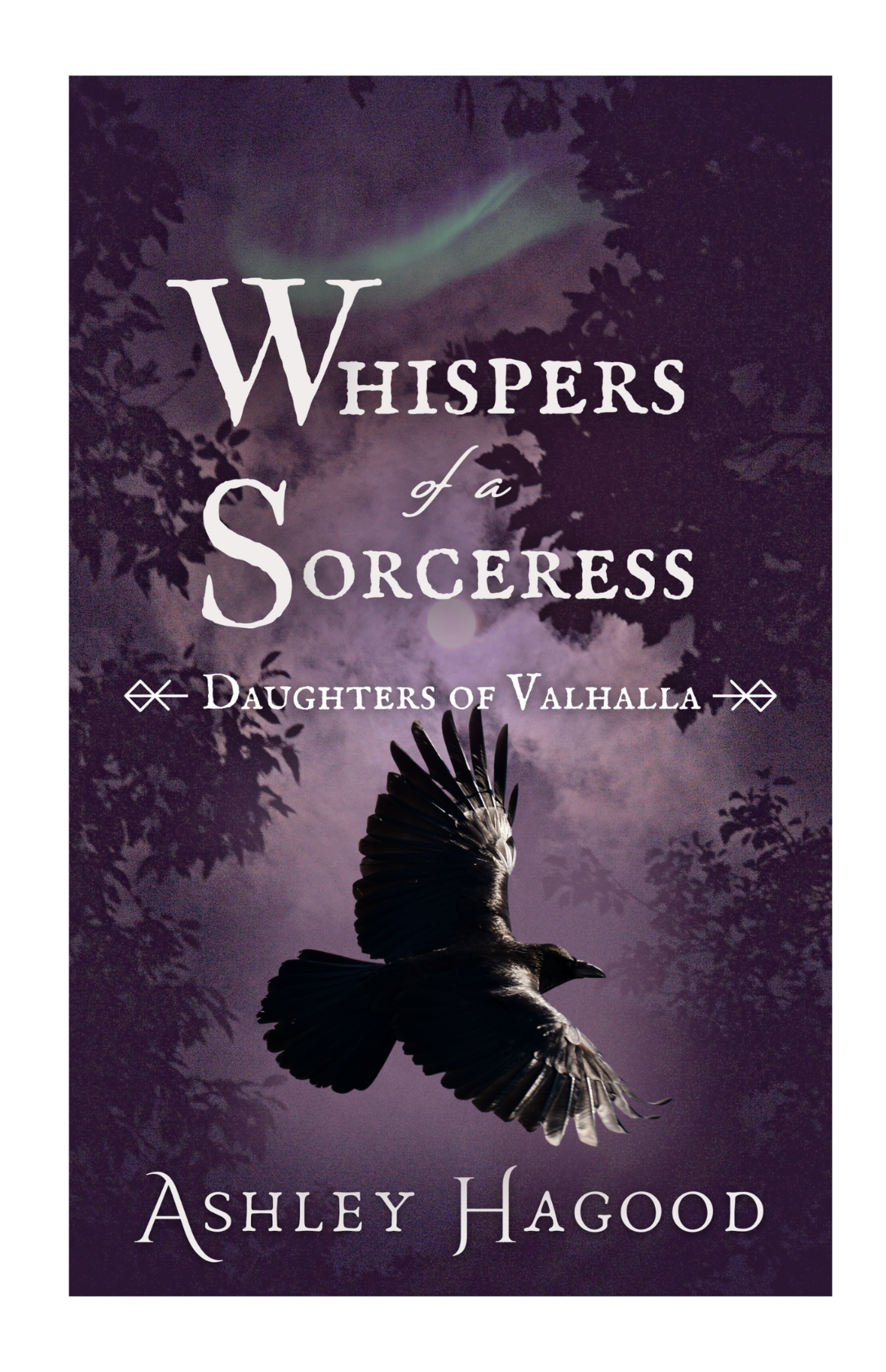 Whispers of a Sorceress book cover with a raven flying across a dark night forest