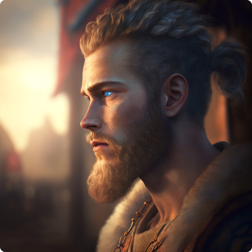 Portrait of Erik, blond hair braided back, beard, bright blue eyes, gazing into the distance