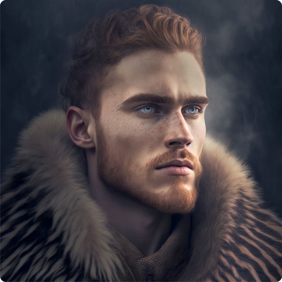 Portrait of Andor, with stoic expression, auburn hair, gray eyes, wearing a fur cloak