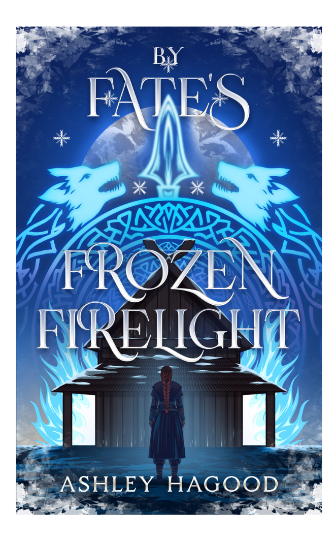 By Fate's Frozem Firelight cover, blue background, glowing wolves with Norse woven pattern and flames surrounding a Viking longhouse, heroine standing at the center