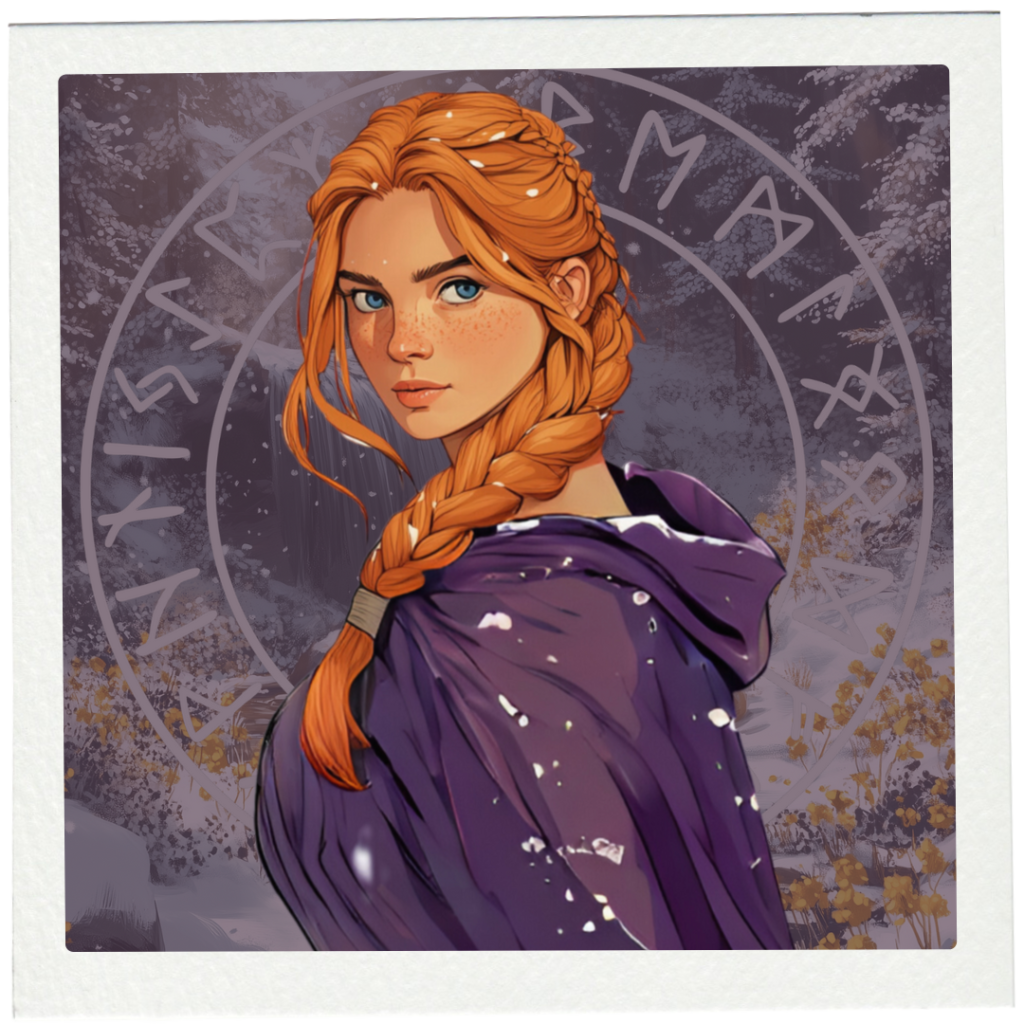 Portrait of Freyda with auburn hair in a braid, purple cloak, Norse rune border