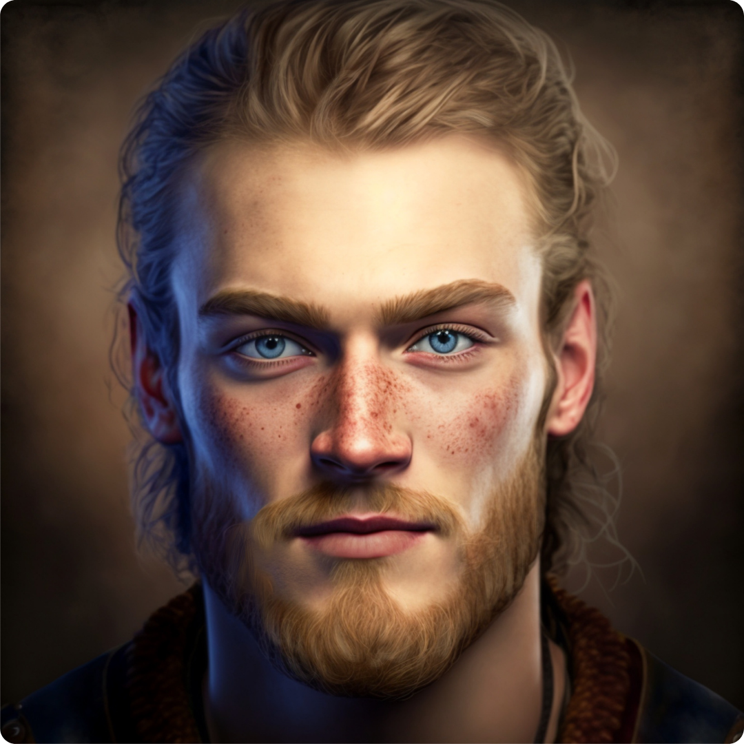 Portrait of Thorbjorn, with blond hair swept back, a short beard, freckles, and piercing blue eyes