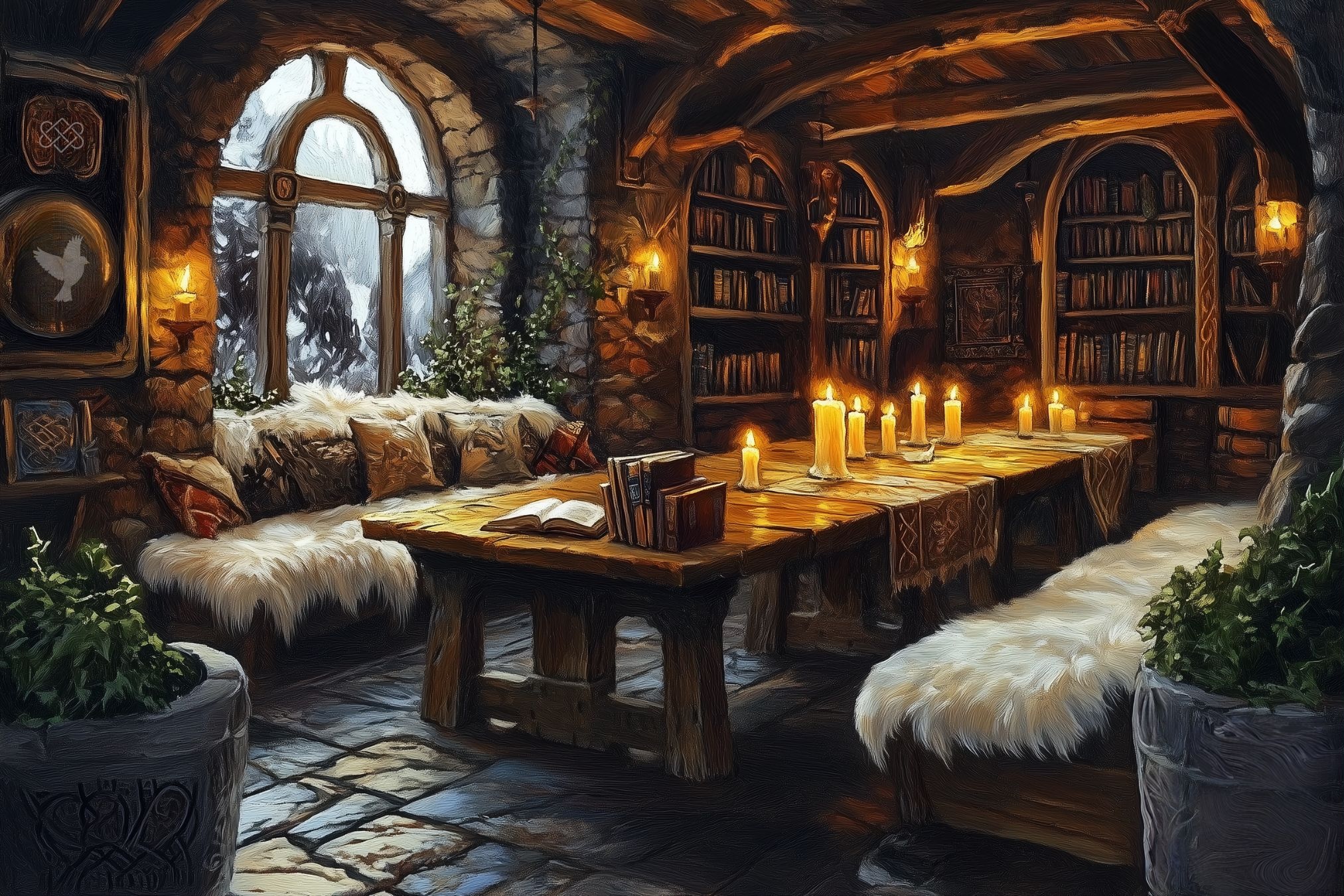 cozy hall with a candlelit table, window, benches with furs, books