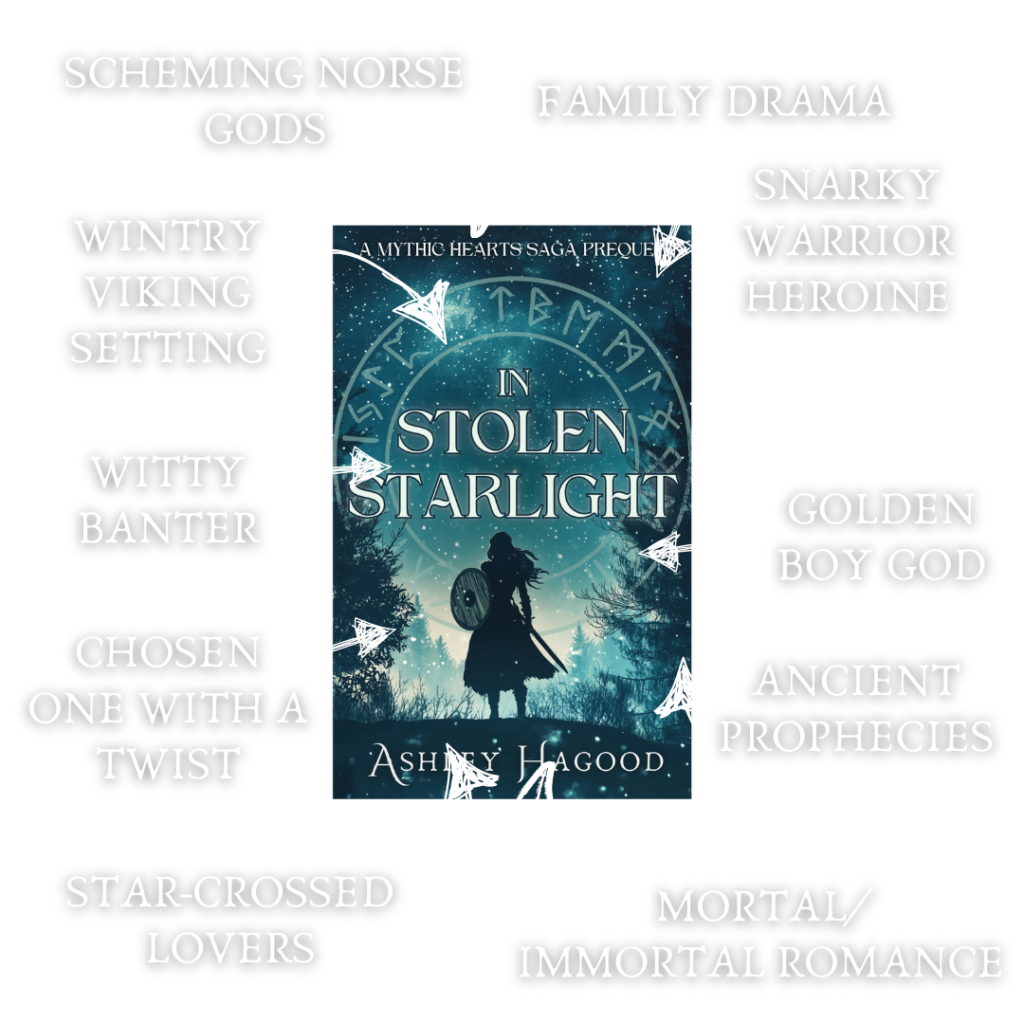 In Stolen Starlight book cover with shieldmaiden staring out at a starry sky, tropes include scheming Norse gods, family drama, snark heroine, gold boy god, mortal/immortal romance